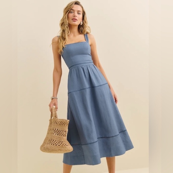 New Reformation Everett Midi Linen Sleeveless Dress - Cornflower Blue Size 4 - Picture 2 of 11